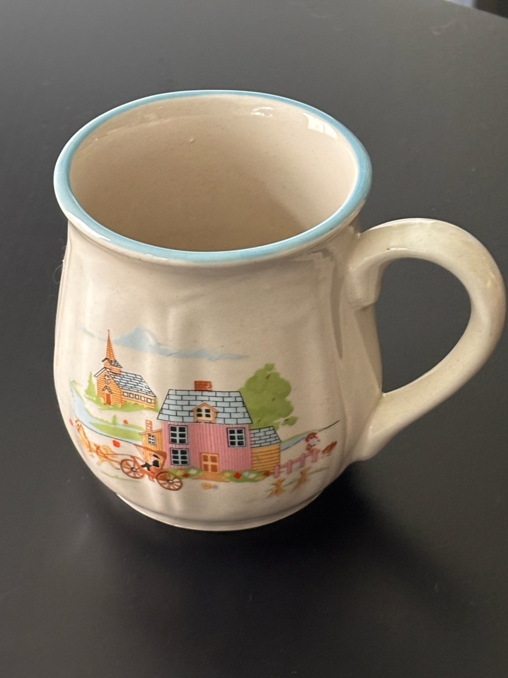 $5 ADD ON Cream Ceramic Mug with Pastoral Cottage Scene and Light Blue Rim Korea